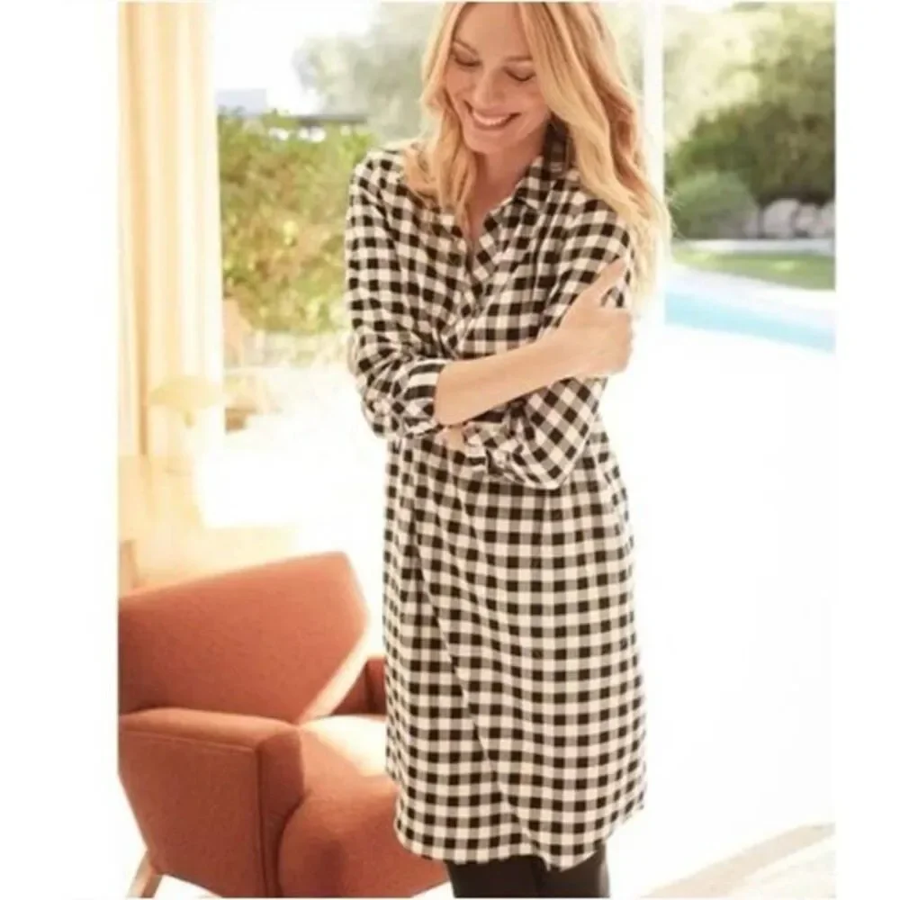 J. Jill Gingham Buffalo Plaid Checkered Tunic Rolled Sleeves Shirt Dress S Tall